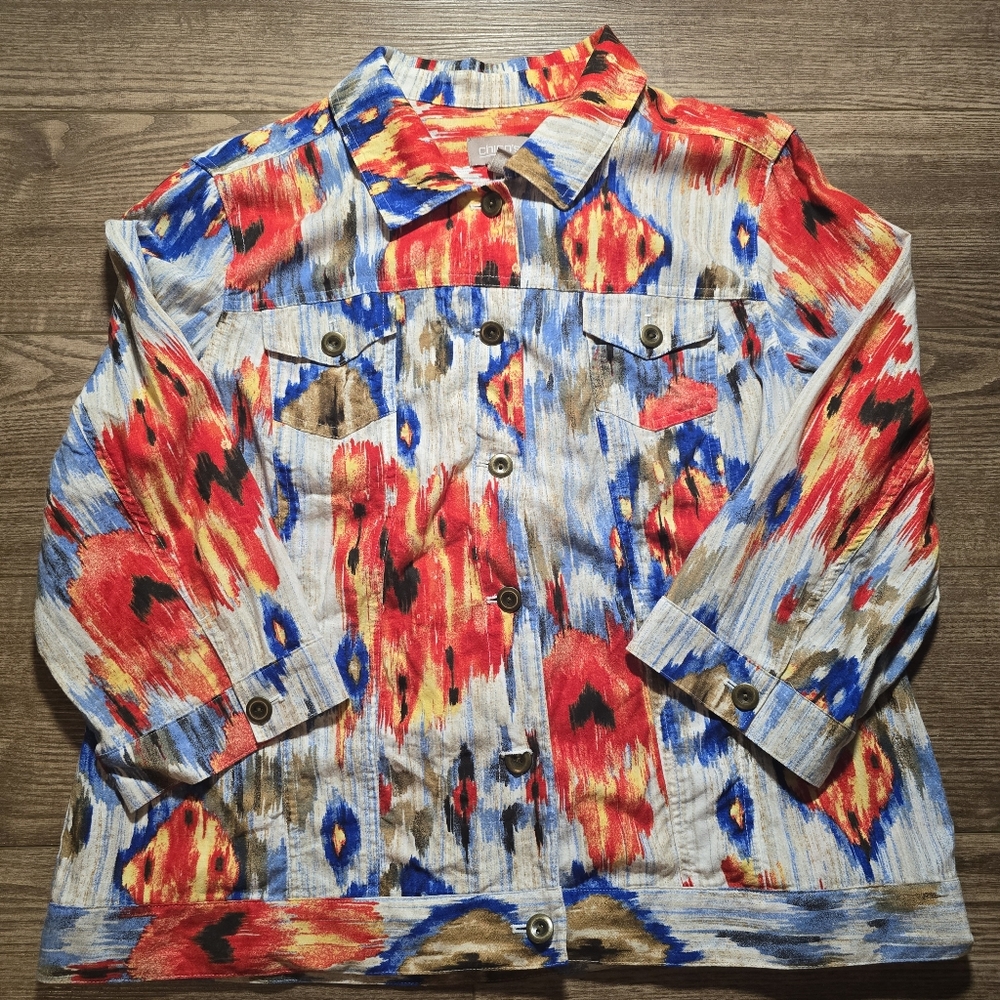 CHICO'S Jacket Womens XL Watercolor Ikat Linen Blend Boho Whimsigoth Lagenlook